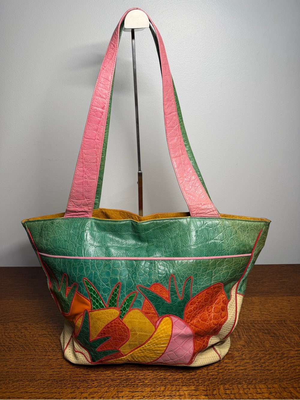 Sharif Vintage Genuine Leather Fruit Patchwork Large Tote Bag w/Croc Texture